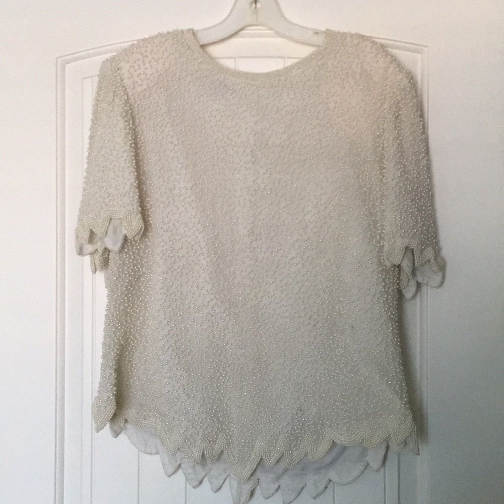 Laurence Kazar Beaded Pearl top